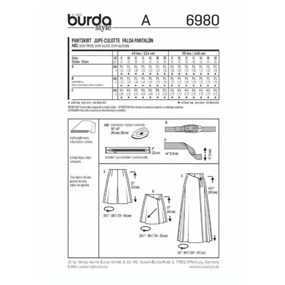 Burda Pattern 6980 Pantskirt Skort New Sizes 8-20 Golf Work Career - Picture 2 of 3